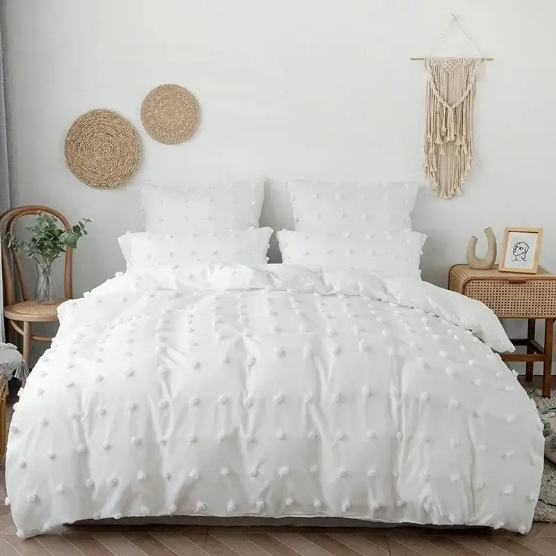 Textured white furball double bed duvet set bedroom bedding