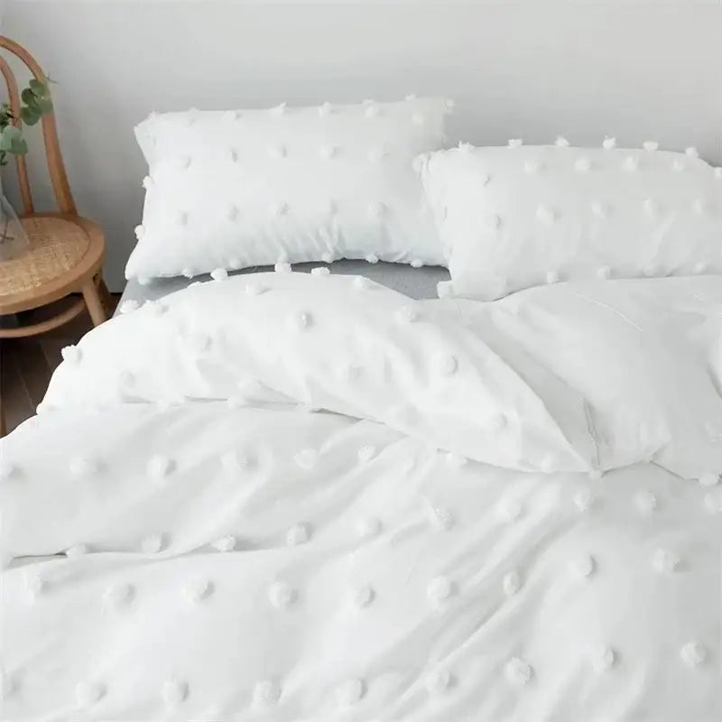 Textured white furball double bed duvet set bedroom bedding