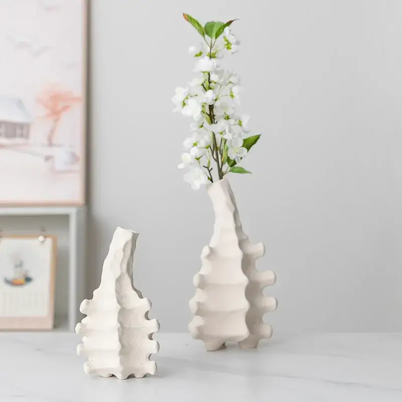 Textured white geometric ceramic vase living room decor