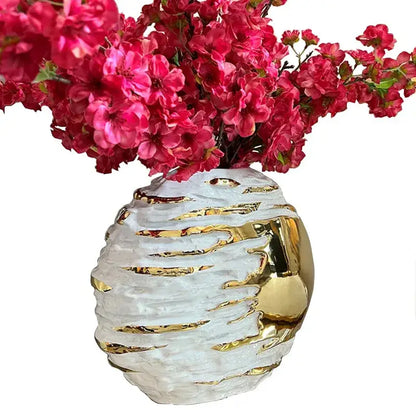 Textured white & golden ceramic vase for living room decor