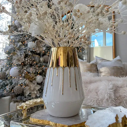 Textured white & golden ceramic vase for living room decor