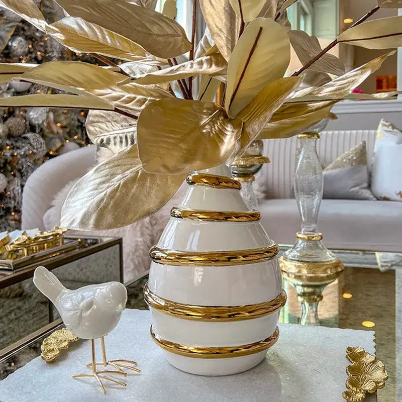 Textured white & golden ceramic vase for living room decor