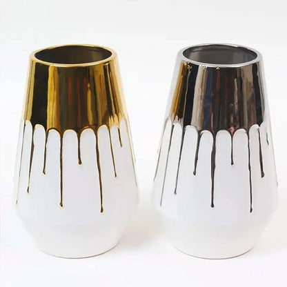Textured white & golden ceramic vase for living room decor