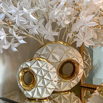 Textured white & golden ceramic vase for living room decor