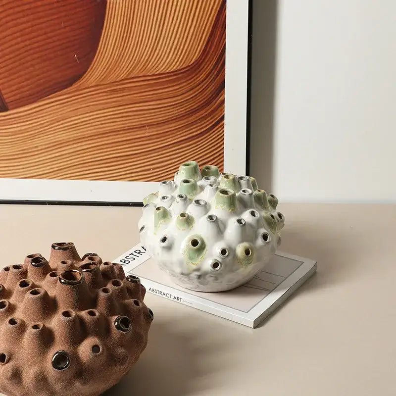 Textured white & green coral ball ceramic vase living room decor