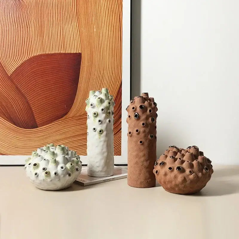 Textured white & green coral ball ceramic vase living room decor
