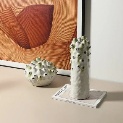 Textured white & green coral ball ceramic vase living room decor