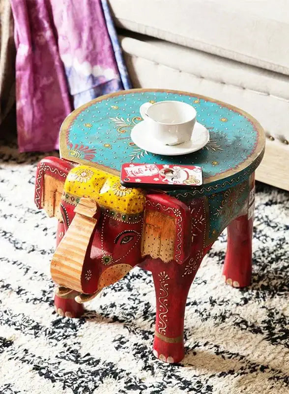 Thai style turquoise & red handmade elephant stool living room decor