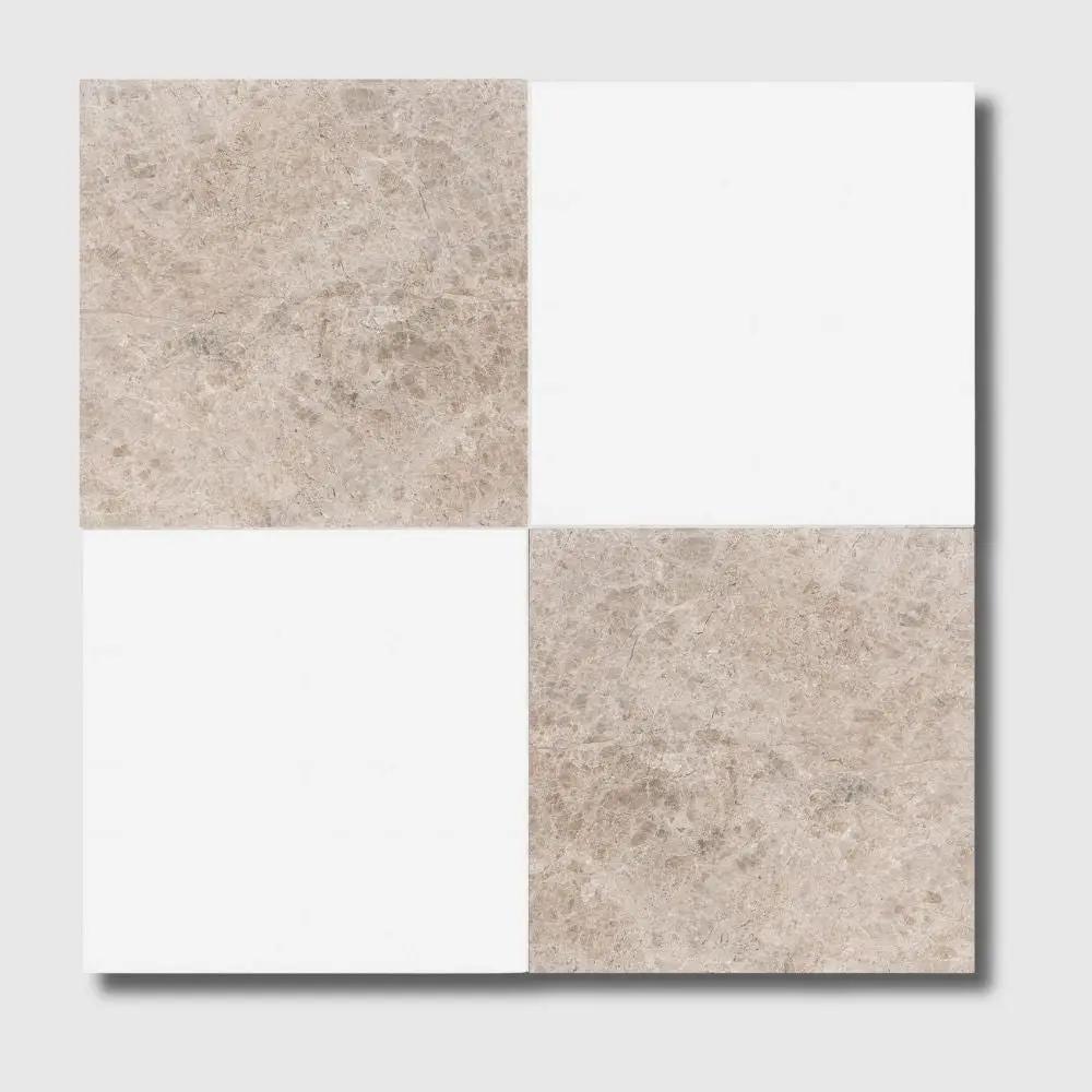 Sky Blue, Thassos Extra Honed Checkerboard Pattern Marble Tiles 12x12