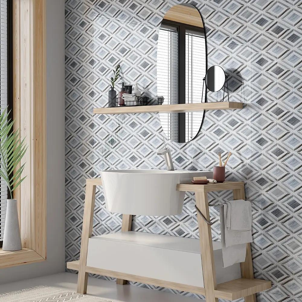 Thassos, Silver Sky Polished Stella Marble Mosaics 9 25/64x7 3/4