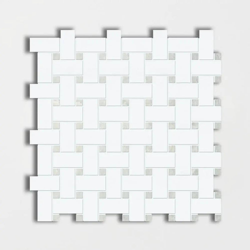 Thassos White&amp;ming Green Polished Basket Weave Marble Mosaics 12x12