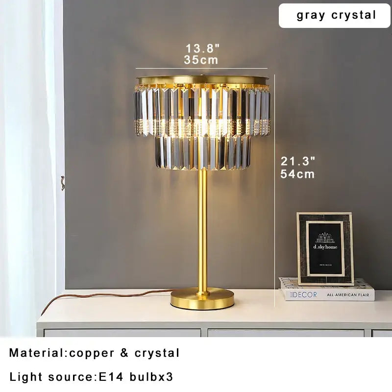 Tiered gold and gray crystal table lamp bedroom nightstand light