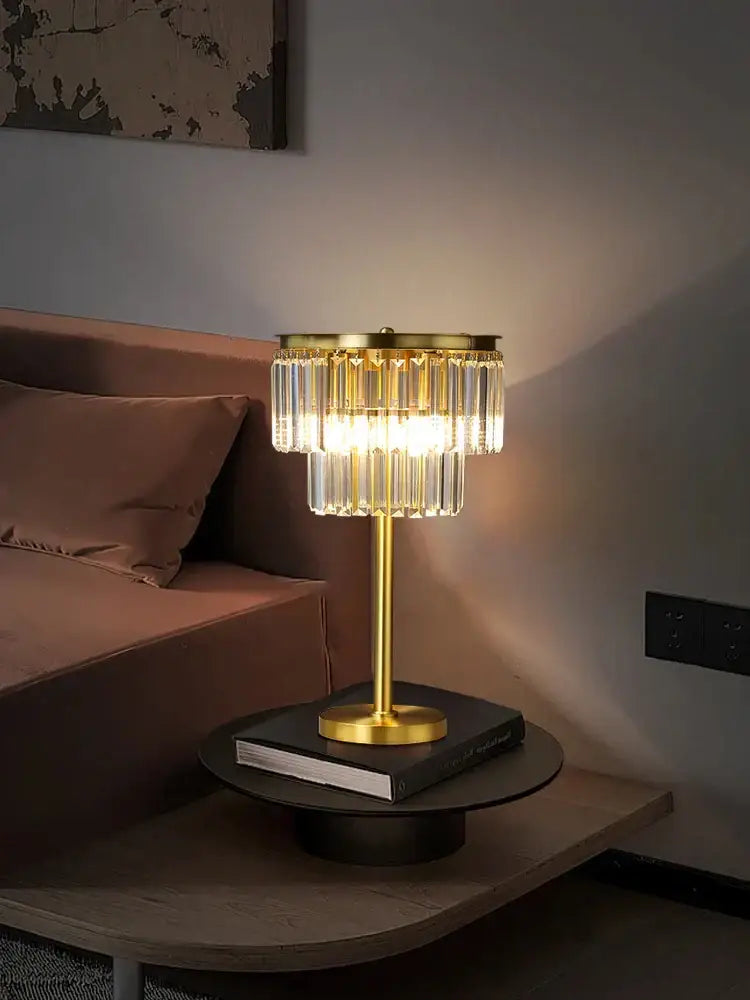 Tiered gold and gray crystal table lamp bedroom nightstand light