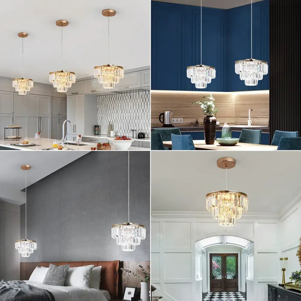 Tiered gold crystal led pendant light for dining room