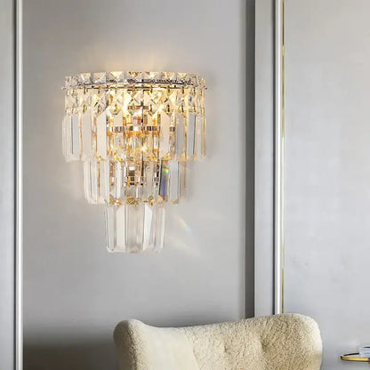 Tiered gold crystal wall lamp living room faceted sconce