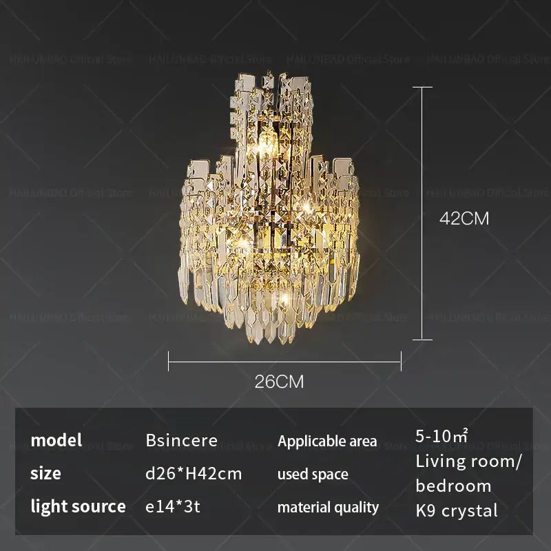 Tiered gold crystal wall lamp living room faceted sconce