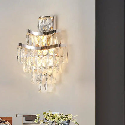 Tiered gold crystal wall lamp living room faceted sconce