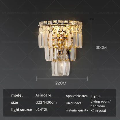 Tiered gold crystal wall lamp living room faceted sconce