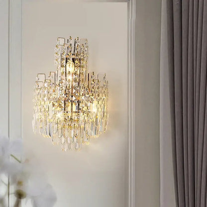 Tiered gold crystal wall lamp living room faceted sconce