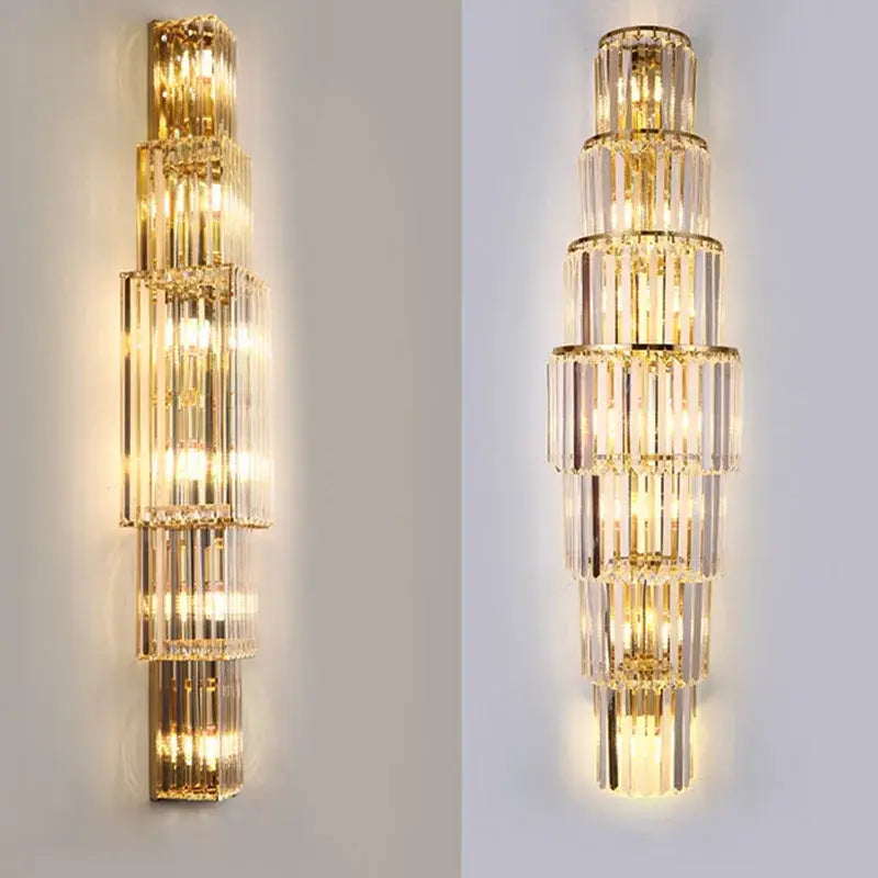 Tiered gold crystal wall lamp living room sconce