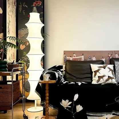 Tiered japanese cream silk floor lamp for living room soft lighting