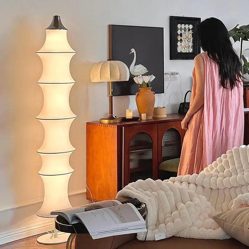 Tiered japanese cream silk floor lamp for living room soft lighting
