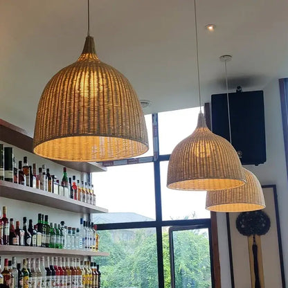 Tiered natural bamboo weaving led pendant lights for dining room