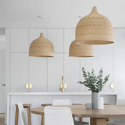 Tiered natural bamboo weaving led pendant lights for dining room