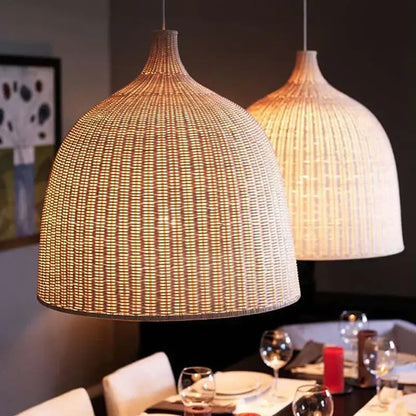 Tiered natural bamboo weaving led pendant lights for dining room