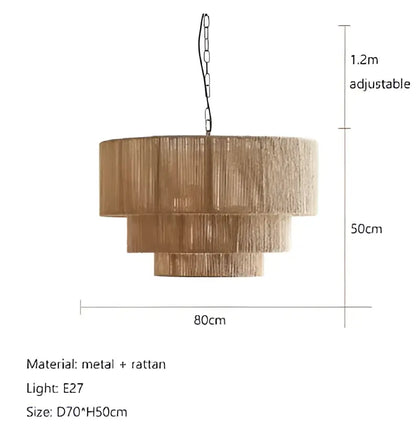 Tiered rattan hemp rope wall lamp for bedroom and living room