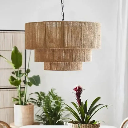 Tiered rattan hemp rope wall lamp for bedroom and living room