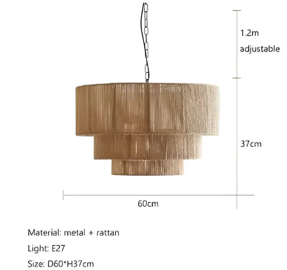 Tiered rattan hemp rope wall lamp for bedroom and living room