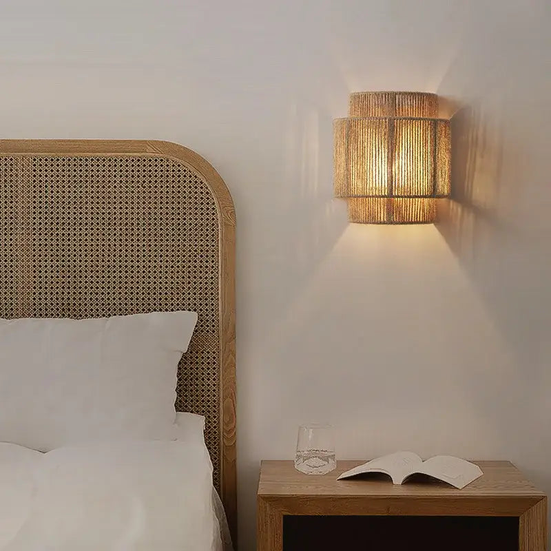 Tiered rattan hemp rope wall lamp for bedroom and living room