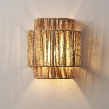 Tiered rattan hemp rope wall lamp for bedroom and living room