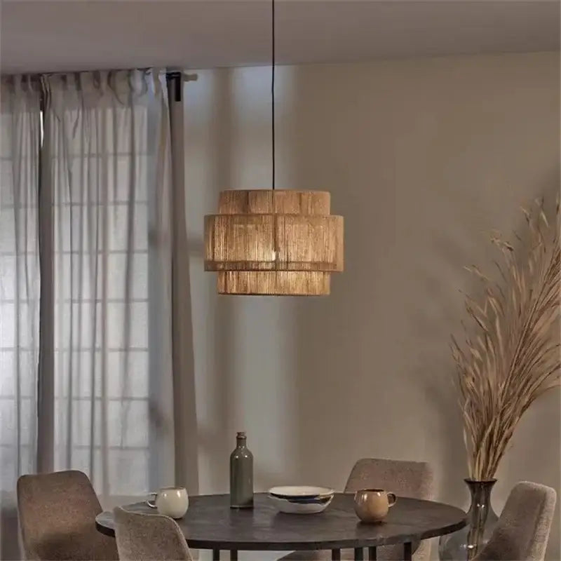 Tiered rattan hemp rope wall lamp for bedroom and living room