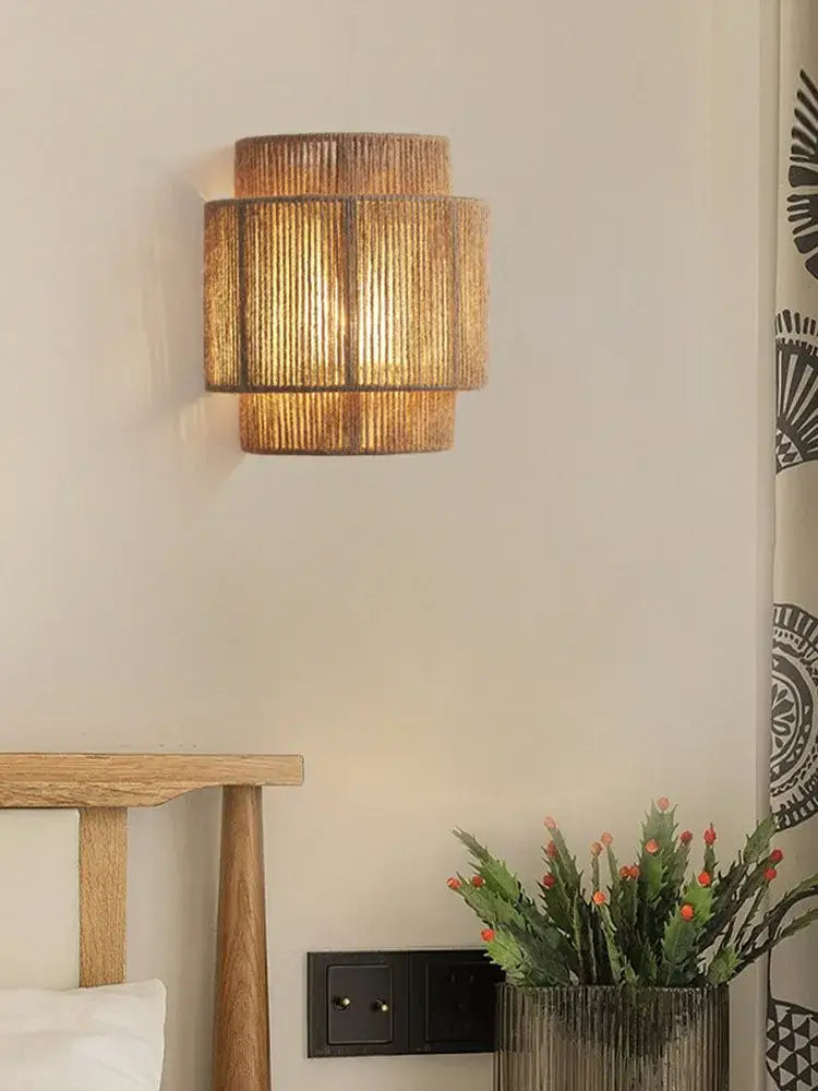 Tiered rattan hemp rope wall lamp for bedroom and living room
