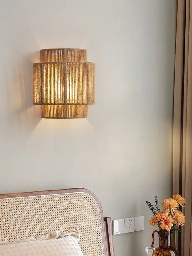 Tiered rattan hemp rope wall lamp for bedroom and living room