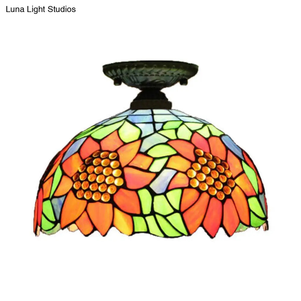 DecorBites™ Tiffany 2-Light Domed Semi Flush Mount Ceiling Light with Sunflower Pattern in Brass/Bronze - Bedroom Lighting