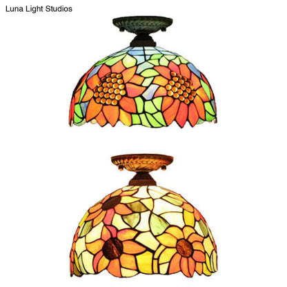 DecorBites™ Tiffany 2-Light Domed Semi Flush Mount Ceiling Light with Sunflower Pattern in Brass/Bronze - Bedroom Lighting