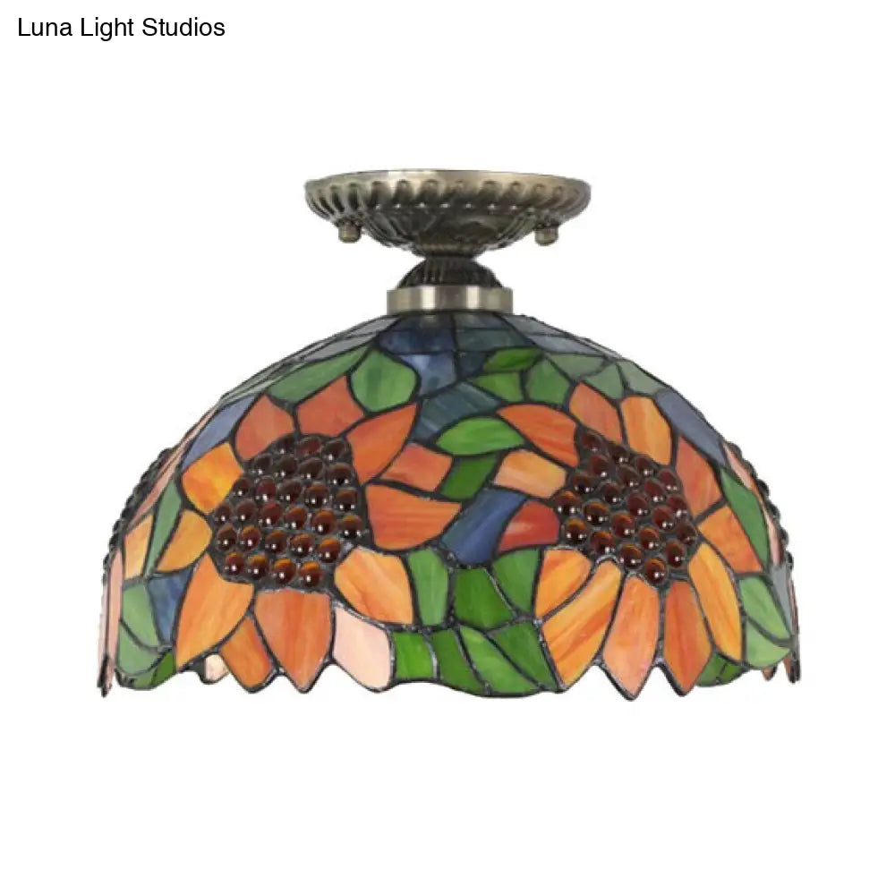 DecorBites™ Tiffany 2-Light Domed Semi Flush Mount Ceiling Light with Sunflower Pattern in Brass/Bronze - Bedroom Lighting
