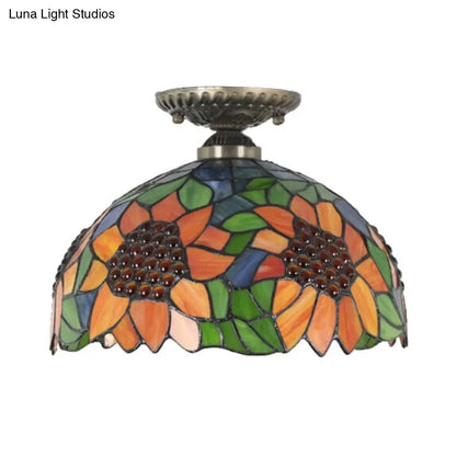 DecorBites™ Tiffany 2-Light Domed Semi Flush Mount Ceiling Light with Sunflower Pattern in Brass/Bronze - Bedroom Lighting