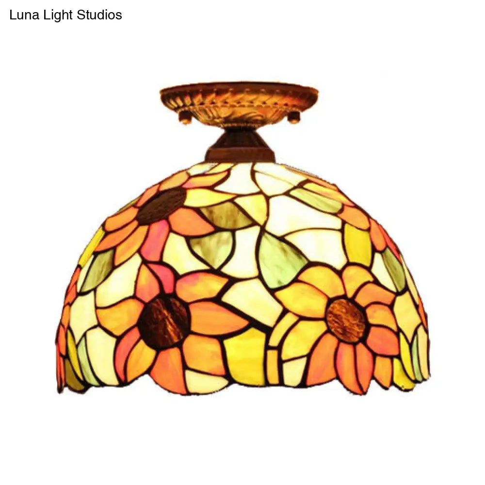 DecorBites™ Tiffany 2-Light Domed Semi Flush Mount Ceiling Light with Sunflower Pattern in Brass/Bronze - Bedroom Lighting