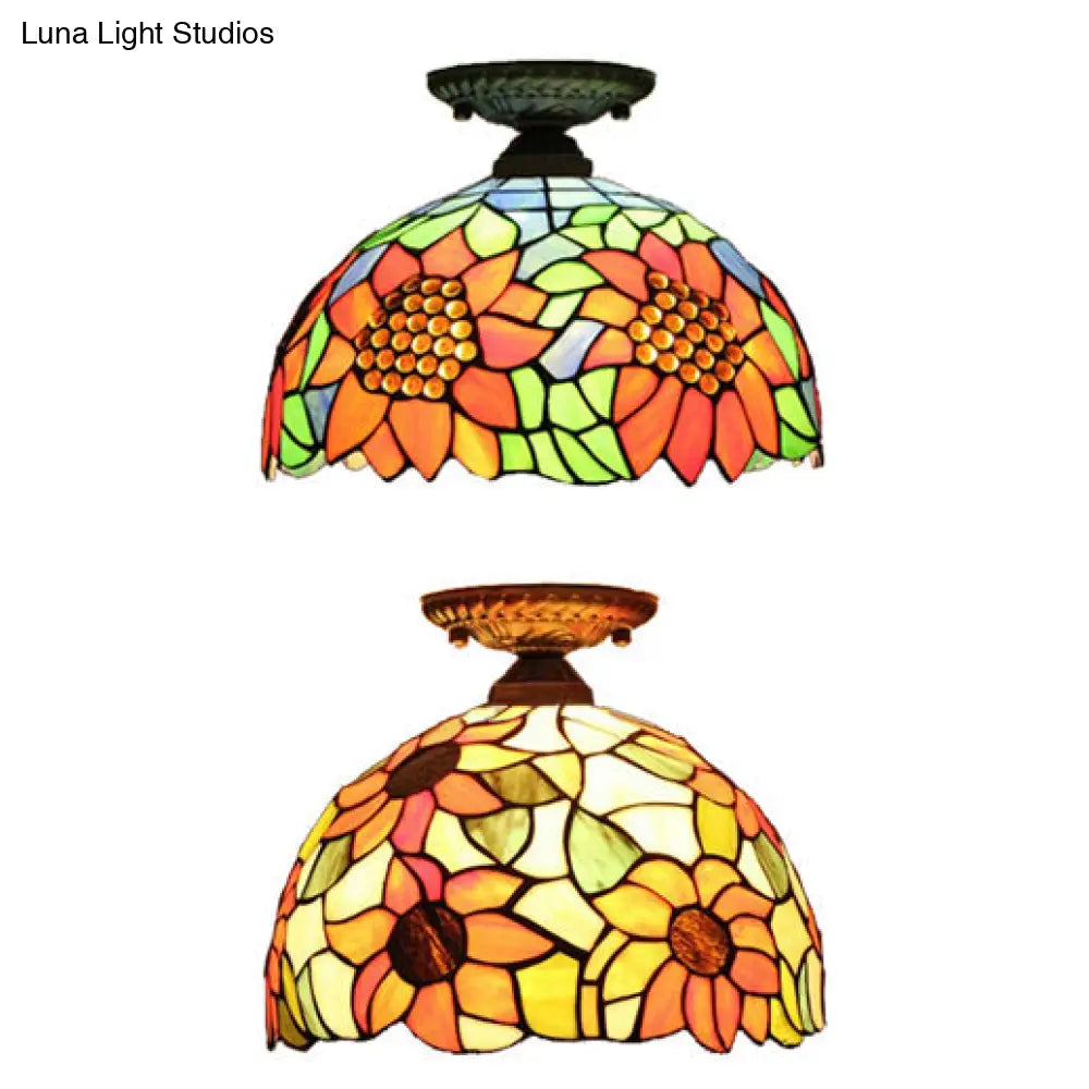 DecorBites™ Tiffany 2-Light Domed Semi Flush Mount Ceiling Light with Sunflower Pattern in Brass/Bronze - Bedroom Lighting