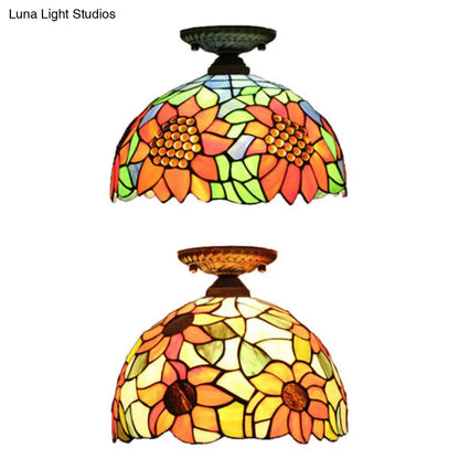 DecorBites™ Tiffany 2-Light Domed Semi Flush Mount Ceiling Light with Sunflower Pattern in Brass/Bronze - Bedroom Lighting