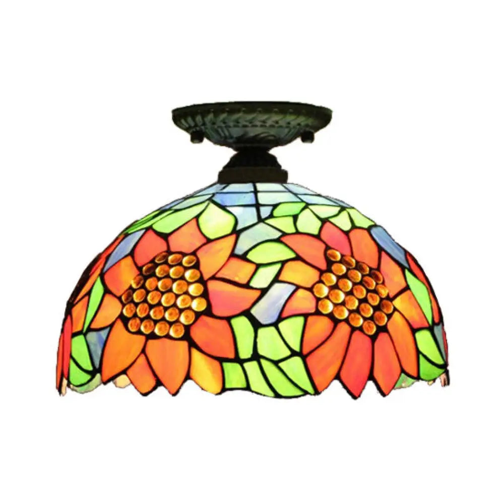DecorBites™ Tiffany 2-Light Domed Semi Flush Mount Ceiling Light with Sunflower Pattern in Brass/Bronze - Bedroom Lighting