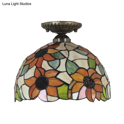 DecorBites™ Tiffany 2-Light Domed Semi Flush Mount Ceiling Light with Sunflower Pattern in Brass/Bronze - Bedroom Lighting