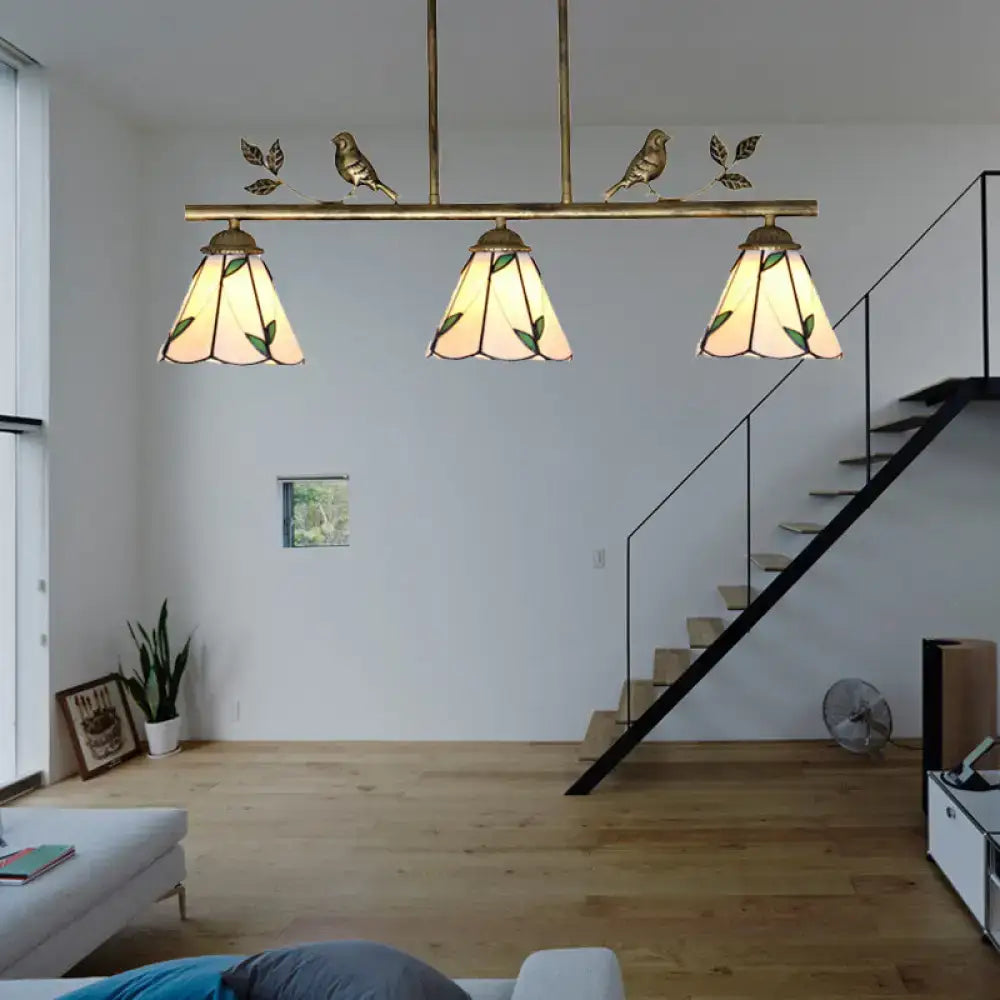 Tiffany brass leaf island lighting fixture – kitchen bird pendant