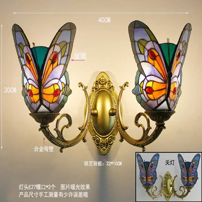 Tiffany butterfly glass sconces brass led wall lamps bedroom