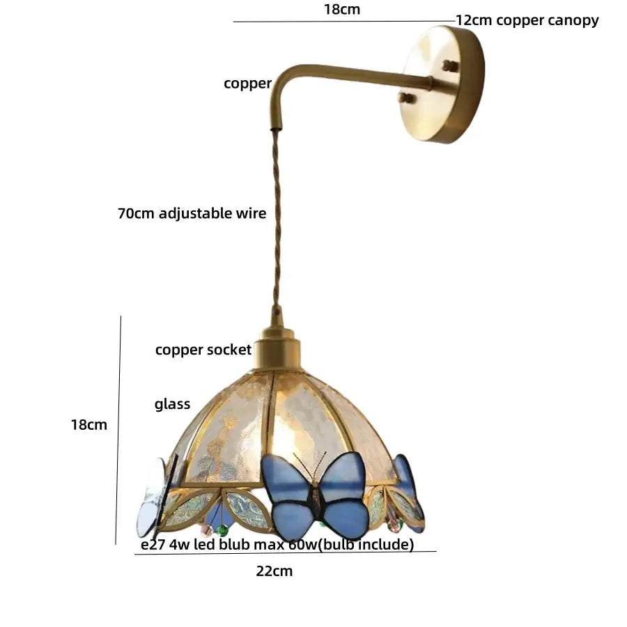 Tiffany butterfly glass wall lamp bedroom brass red led light