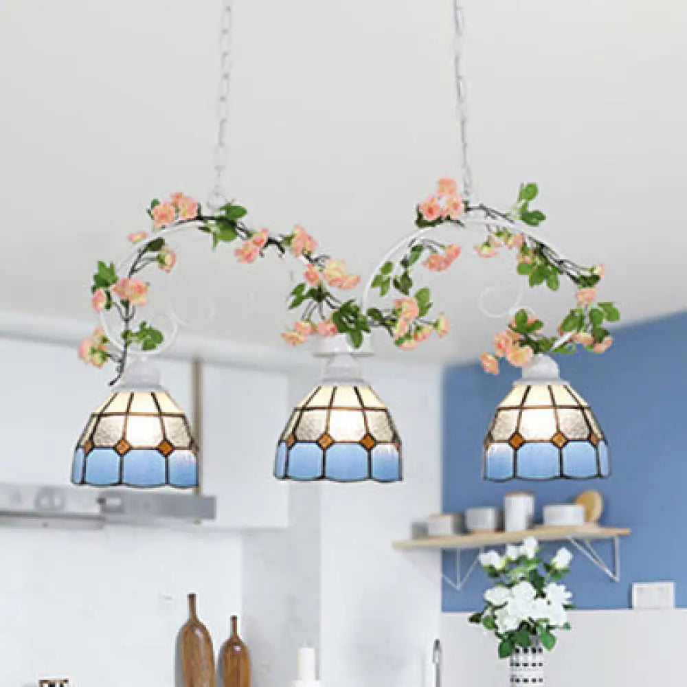 DecorBites™ Tiffany Dome Shade Island Pendant Light with Stainless Glass - 3 Lights - Pink/White - Stylish Fixture for Dining Room